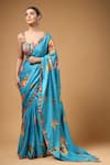 Buy_Gazab by Miku Kumar_Blue Modal, Satin V-neck Tivra Print Pre-draped Saree And Blouse Set _at_Aza_Fashions