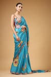 Buy_Gazab by Miku Kumar_Blue Modal, Satin V-neck Tivra Print Pre-draped Saree And Blouse Set 