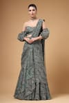 Buy_Gazab by Miku Kumar_Green Organza Sweetheart Neck Evara Print Pre-draped Lehenga Saree And Blouse Set _at_Aza_Fashions