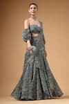 Buy_Gazab by Miku Kumar_Green Organza Sweetheart Neck Evara Print Pre-draped Lehenga Saree And Blouse Set _Online_at_Aza_Fashions