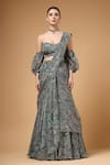 Shop_Gazab by Miku Kumar_Green Organza Sweetheart Neck Evara Print Pre-draped Lehenga Saree And Blouse Set _Online_at_Aza_Fashions