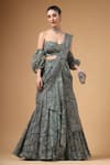 Gazab by Miku Kumar_Green Organza Sweetheart Neck Evara Print Pre-draped Lehenga Saree And Blouse Set _at_Aza_Fashions