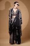 Buy_Gazab by Miku Kumar_Black Modal, Satin Collared, Nyrah Print Pre-draped Pant Saree And Jacket Set _Online_at_Aza_Fashions
