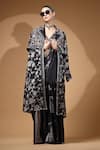 Shop_Gazab by Miku Kumar_Black Modal, Satin Collared, Nyrah Print Pre-draped Pant Saree And Jacket Set _at_Aza_Fashions