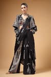 Buy_Gazab by Miku Kumar_Black Modal, Satin Collared, Nyrah Print Pre-draped Pant Saree And Jacket Set _at_Aza_Fashions