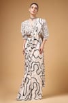 Buy_Gazab by Miku Kumar_Ivory Silk, Crepe V-neck Lumea Print Pre-draped Saree And Blouse Set _at_Aza_Fashions
