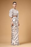 Buy_Gazab by Miku Kumar_Ivory Silk, Crepe V-neck Lumea Print Pre-draped Saree And Blouse Set _Online_at_Aza_Fashions