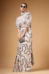 Gazab by Miku Kumar_Ivory Silk, Crepe V-neck Lumea Print Pre-draped Saree And Blouse Set _at_Aza_Fashions