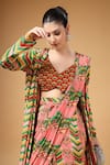 Buy_Gazab by Miku Kumar_Pink Crepe, Silk V-neck Zyona Floral Pattern Pre-draped Saree And Cape Set _Online_at_Aza_Fashions