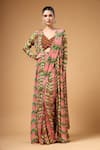 Buy_Gazab by Miku Kumar_Pink Crepe, Silk V-neck Zyona Floral Pattern Pre-draped Saree And Cape Set _at_Aza_Fashions