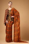 Buy_Gazab by Miku Kumar_Brown Organza Round Neck Ravya Print Pre-draped Saree And Blouse Set _at_Aza_Fashions