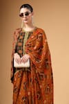 Buy_Gazab by Miku Kumar_Brown Organza Round Neck Ravya Print Pre-draped Saree And Blouse Set 