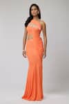 Shop_Naina Seth_Orange Knit, Jersey Pearls One Shoulder Cantaloupe Draped Blouse And Skirt Set _Online_at_Aza_Fashions