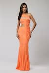 Buy_Naina Seth_Orange Knit, Jersey Pearls One Shoulder Cantaloupe Draped Blouse And Skirt Set _at_Aza_Fashions
