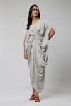 Buy_Naina Seth_Silver Vegan Silk V-neck Classic Twisted Draped Gown _at_Aza_Fashions