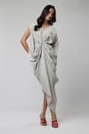 Naina Seth_Silver Vegan Silk V-neck Classic Twisted Draped Gown _Online_at_Aza_Fashions