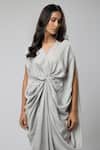 Buy_Naina Seth_Silver Vegan Silk V-neck Classic Twisted Draped Gown _Online_at_Aza_Fashions