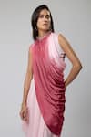 Naina Seth_Pink Crepe Crystals Cowl Neck Ruched Ombre Top With Pant _Online_at_Aza_Fashions