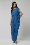 Buy_Naina Seth_Teal Crepe Round Neck Draped Gown _at_Aza_Fashions