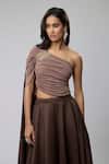 Buy_Naina Seth_Brown Crepe, Suede, Brocade Beads, Pearls One Shoulder Ruched Top Lehenga Set _Online_at_Aza_Fashions