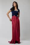 Naina Seth_Navy Knit, Suede Crystals Sweetheart Royal Hourglass Embellished Top With Skirt _Online_at_Aza_Fashions