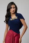 Buy_Naina Seth_Navy Knit, Suede Crystals Sweetheart Royal Hourglass Embellished Top With Skirt _Online_at_Aza_Fashions