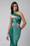 Shop_Naina Seth_Green Jersey Pearls One Shoulder Cantaloupe Ombre Draped Blouse And Skirt Set _Online_at_Aza_Fashions
