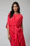 Naina Seth_Red Crepe Round Neck Scarlet Mirage Twisted Draped Dress _Online_at_Aza_Fashions