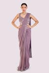 Buy_Onaya_Lilac Georgette Sequins, Embroidery, Cut Work Blouse And Pre-draped Saree Set _at_Aza_Fashions