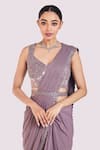 Shop_Onaya_Lilac Georgette Sequins, Embroidery, Cut Work Blouse And Pre-draped Saree Set _Online_at_Aza_Fashions