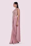 Onaya_Pink Lycra, Net Sequins, Stones Cutdana Work Blouse And Pre-draped Saree Set _Online_at_Aza_Fashions