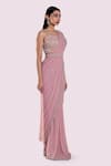 Buy_Onaya_Pink Lycra, Net Sequins, Stones Cutdana Work Blouse And Pre-draped Saree Set _Online_at_Aza_Fashions