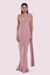 Buy_Onaya_Pink Lycra, Net Sequins, Stones Cutdana Work Blouse And Pre-draped Saree Set _at_Aza_Fashions