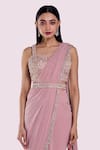 Shop_Onaya_Pink Lycra, Net Sequins, Stones Cutdana Work Blouse And Pre-draped Saree Set _Online_at_Aza_Fashions