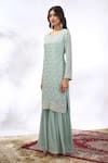 Shop_Samyukta Singhania_Aqua Georgette Embroidery, Mirrors Round Neck Floral Kurta Sharara Set 