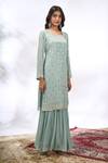 Samyukta Singhania_Aqua Georgette Embroidery, Mirrors Round Neck Floral Kurta Sharara Set _Online