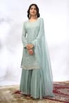 Buy_Samyukta Singhania_Aqua Georgette Embroidery, Mirrors Round Neck Floral Kurta Sharara Set _Online