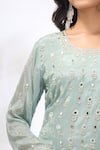 Samyukta Singhania_Aqua Georgette Embroidery, Mirrors Round Neck Floral Kurta Sharara Set 