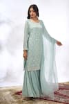 Samyukta Singhania_Aqua Georgette Embroidery, Mirrors Round Neck Floral Kurta Sharara Set 