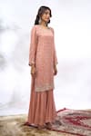 Shop_Samyukta Singhania_Peach Georgette Mirrors, Embroidery Round Neck Work Kurta Set _Online