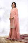 Samyukta Singhania_Peach Georgette Mirrors, Embroidery Round Neck Work Kurta Set 