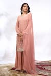 Samyukta Singhania_Peach Georgette Mirrors, Embroidery Round Neck Work Kurta Set 