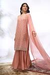 Samyukta Singhania_Peach Georgette Mirrors, Embroidery Round Neck Work Kurta Set 