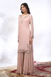 Buy_Samyukta Singhania_Peach Georgette Embroidery, Stones Round Neck Floral Kurta Sharara Set _Online_at_Aza_Fashions