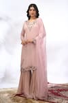 Samyukta Singhania_Peach Georgette Embroidery, Stones Round Neck Floral Kurta Sharara Set _at_Aza_Fashions