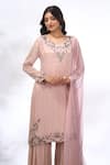 Samyukta Singhania_Peach Georgette Embroidery, Stones Round Neck Floral Kurta Sharara Set _Online