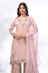 Shop_Samyukta Singhania_Peach Georgette Embroidery, Stones Round Neck Floral Kurta Sharara Set _Online
