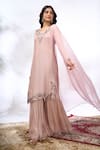 Samyukta Singhania_Peach Georgette Embroidery, Stones Round Neck Floral Kurta Sharara Set 