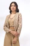 Buy_Samyukta Singhania_Beige Georgette Embroidery Round Neck, Cape And Sharara Set _Online_at_Aza_Fashions