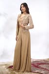 Buy_Samyukta Singhania_Beige Georgette Embroidery Round Neck, Cape And Sharara Set 